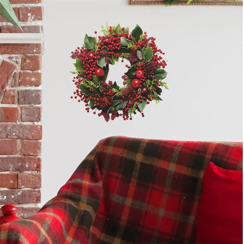 Merry Christmas Wreath Wall Stickers Self-adhesive PVC Red Berry Garland Wallpaper for Home Room 2025 Happy New Year Wall Decor