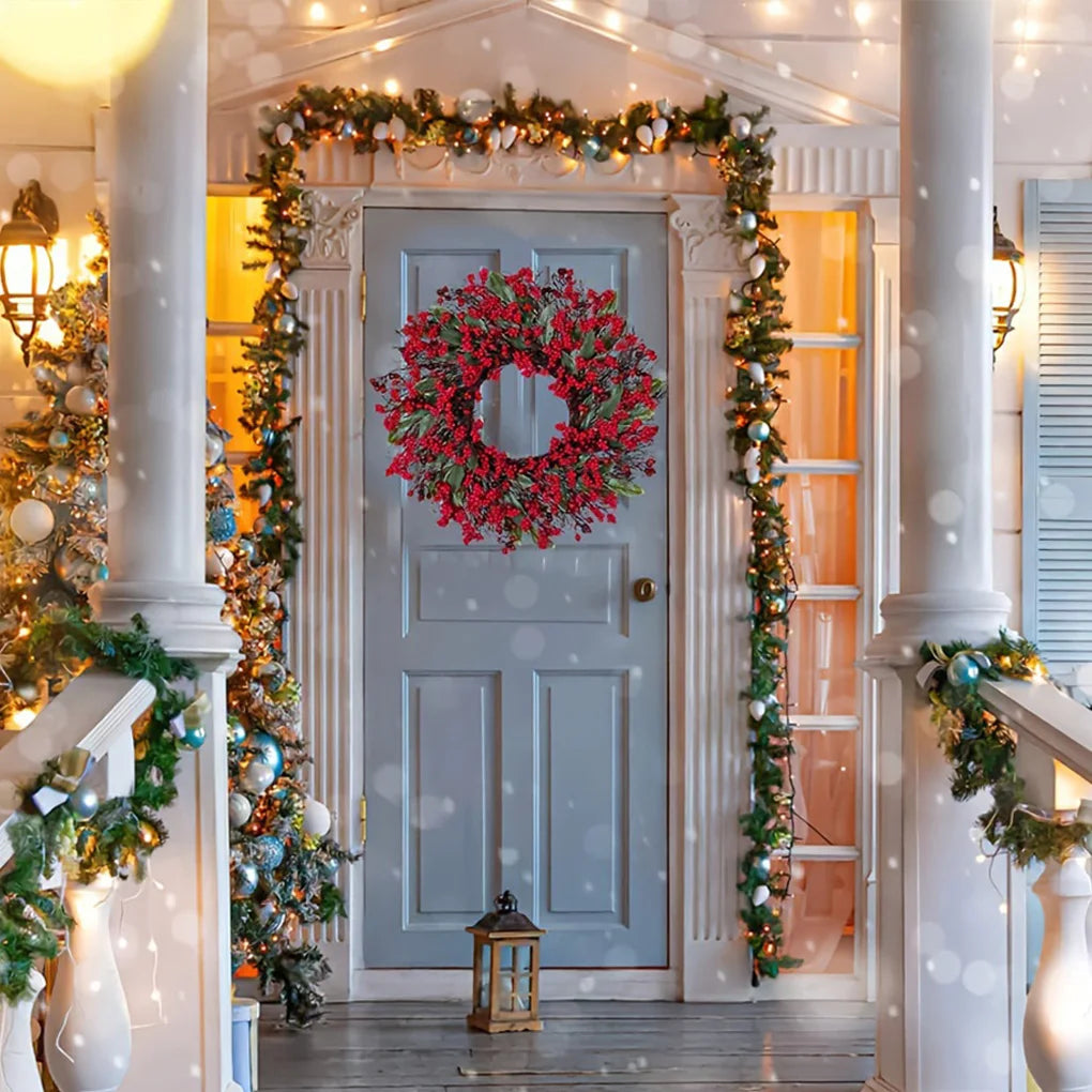 2025 New Christmas Decoration Wreaths for Front Door Handmade Cypress Leaf Red Berry Pine Wreath Xmas Home Wall Window Decor