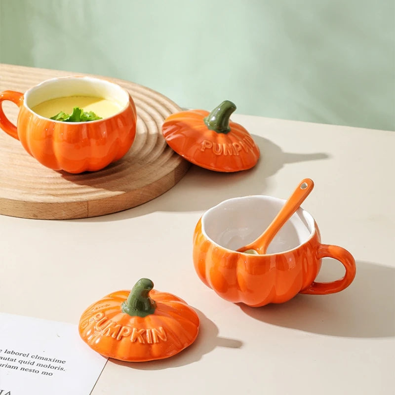 Pumpkin Mug Ceramic Cup with Spoon Halloween Creative with Handle Scalding-proof Cute Style Breakfast Milk Cups Coffee Mug