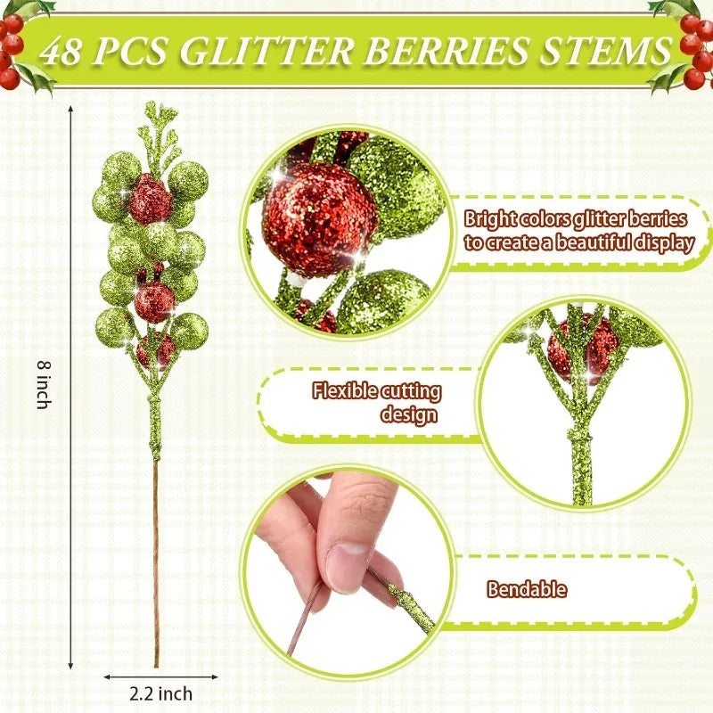 10Pcs Christmas Sparkling Berry Stem 8in Red Green Artificial Holly Berry Xmas Tree Hanging Decoration for Navidad Wreath Craft