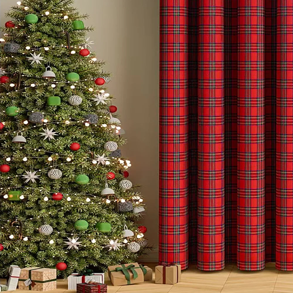1pc Christmas Red Plaid Curtain Festive Window Decor for Holiday Kitchen Dining Room Dropshipping