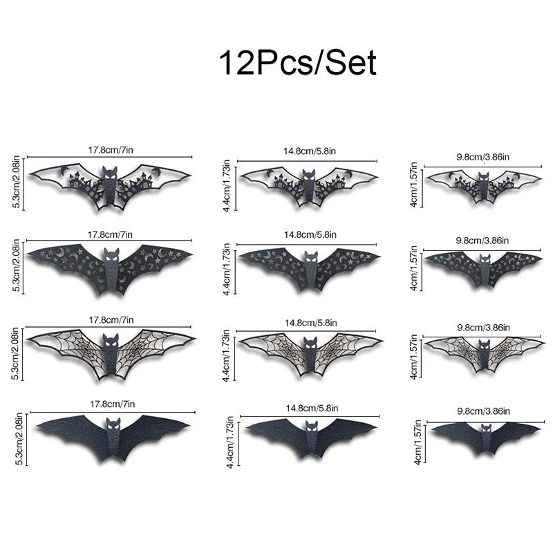 12PCS 3D Bat Wall Stickers Various Size Black Hollow Out Bat Shaped Display Sticker Halloween Festive Atmosphere Decoration ZYF