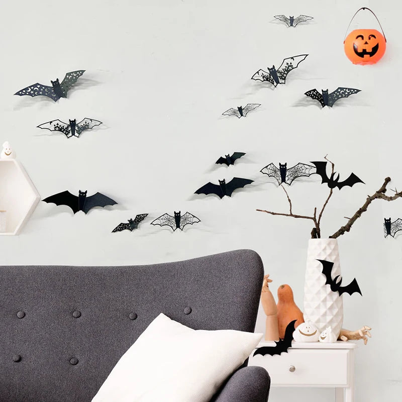 12PCS 3D Bat Wall Stickers Various Size Black Hollow Out Bat Shaped Display Sticker Halloween Festive Atmosphere Decoration ZYF