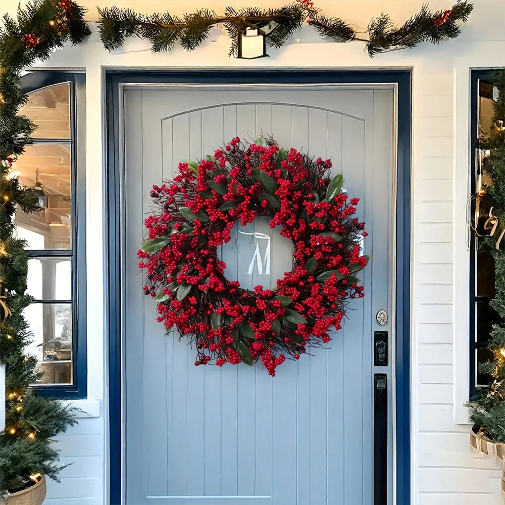 2025 New Christmas Decoration Wreaths for Front Door Handmade Cypress Leaf Red Berry Pine Wreath Xmas Home Wall Window Decor