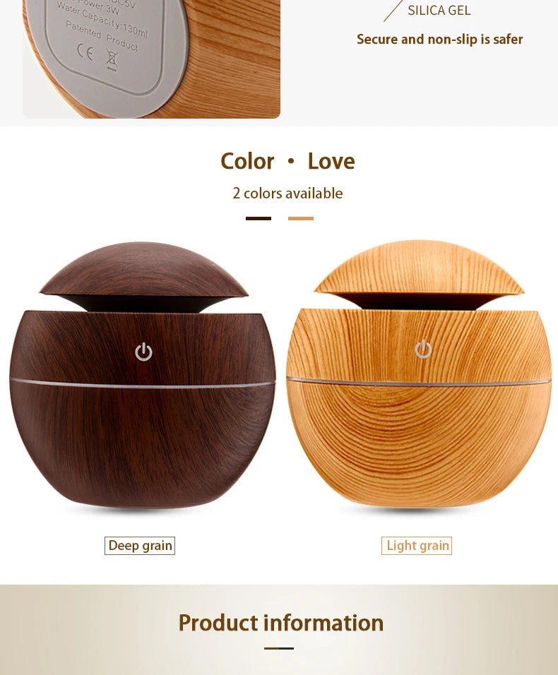 200ml USB Small Ball 7 Colorful Light Bass Noise Reduction Mushroom Humidifier Mini Wood Grain Round Hollow Aroma Diffuser