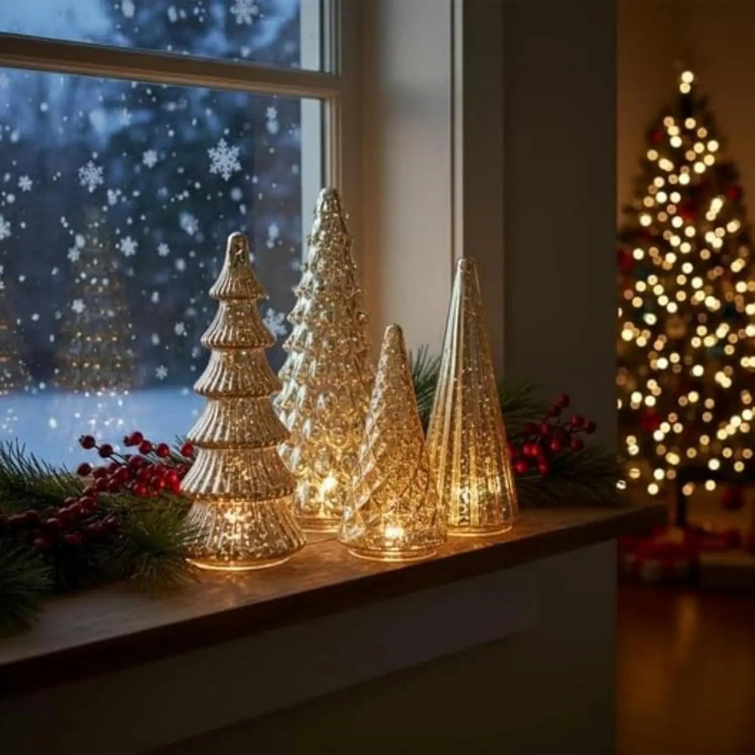 Set of 5 3D Printing Illuminated Trees, Upgrade Christmas Trees LED, Gold Tree Figurine for Home Party Mantel Decor Xmas Gift