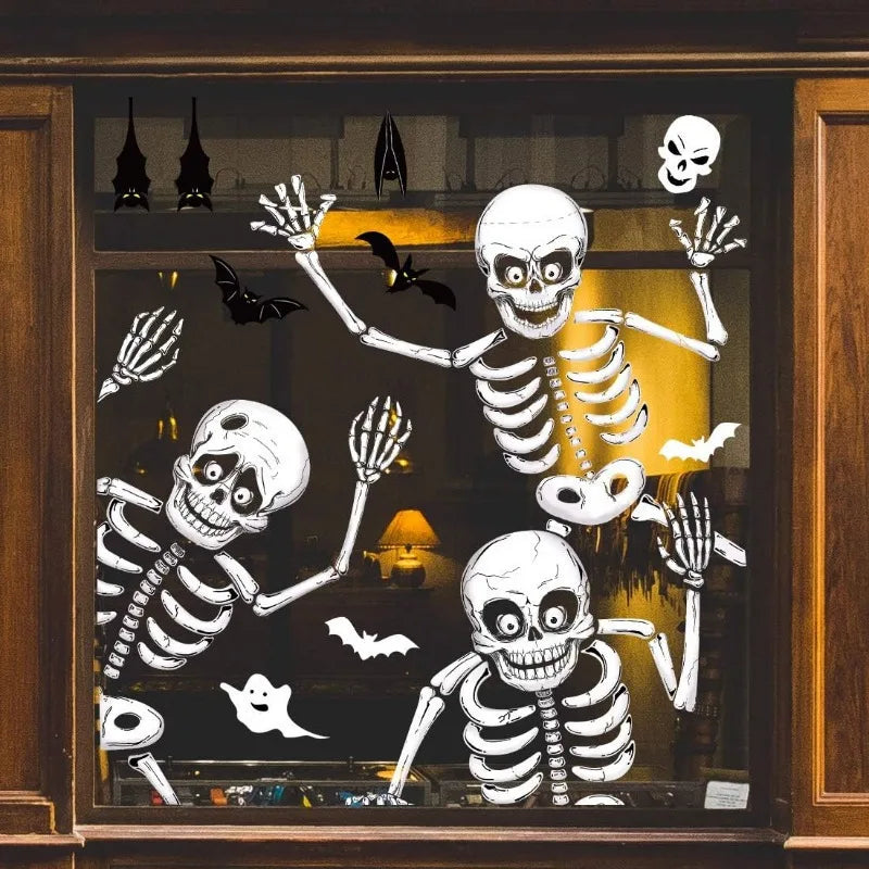 4-Pack Halloween Skeleton Window Clings - PVC Static Sticker Decal for Halloween Party Decoration Reusable Window and Wall Decor