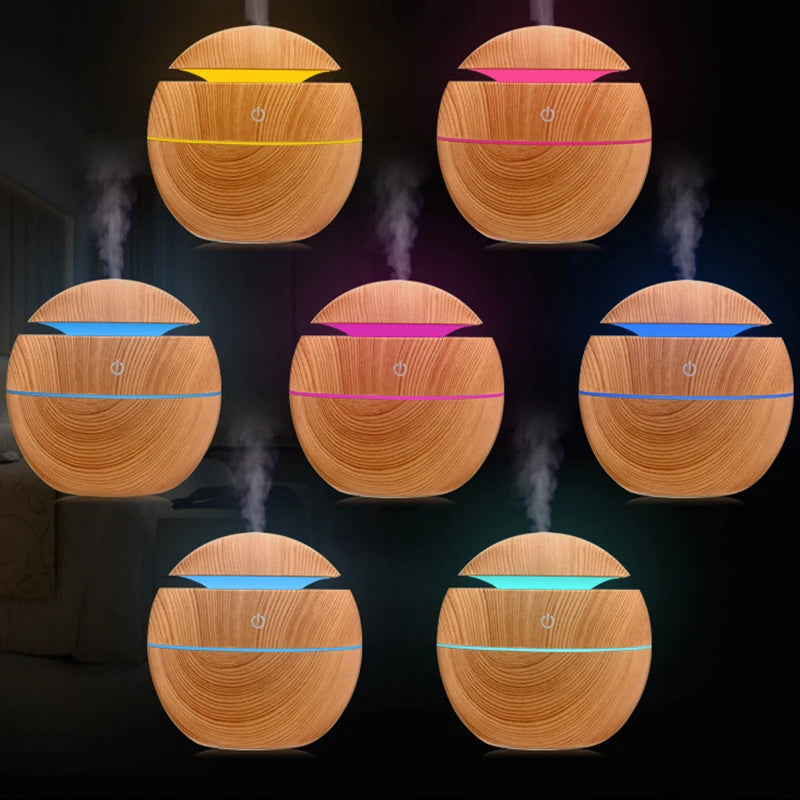 200ml USB Small Ball 7 Colorful Light Bass Noise Reduction Mushroom Humidifier Mini Wood Grain Round Hollow Aroma Diffuser