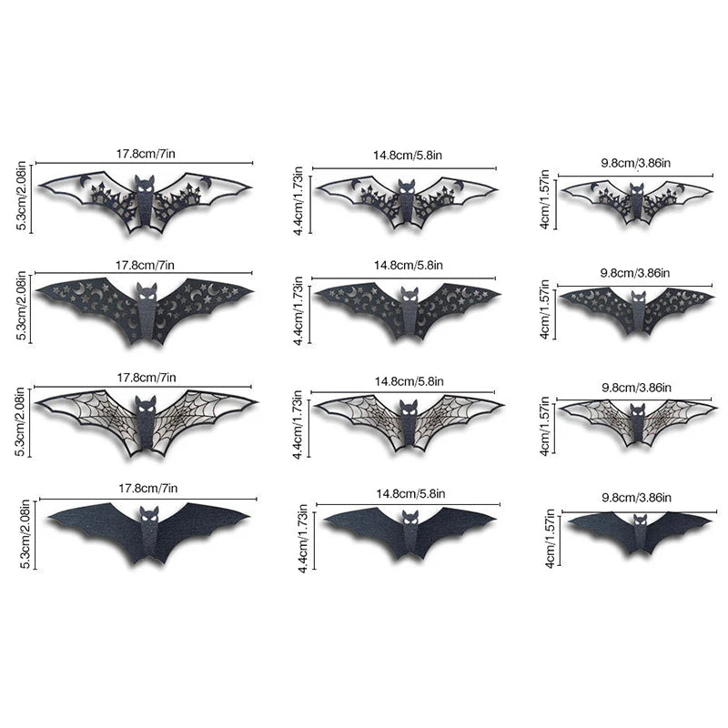 12PCS 3D Bat Wall Stickers Various Size Black Hollow Out Bat Shaped Display Sticker Halloween Festive Atmosphere Decoration ZYF