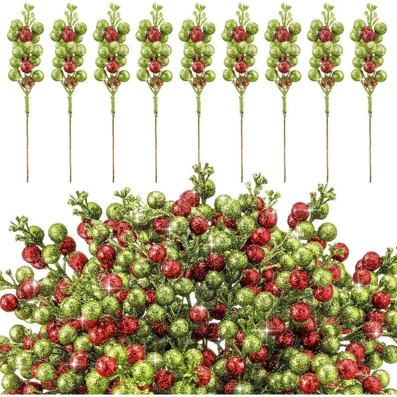10Pcs Christmas Sparkling Berry Stem 8in Red Green Artificial Holly Berry Xmas Tree Hanging Decoration for Navidad Wreath Craft
