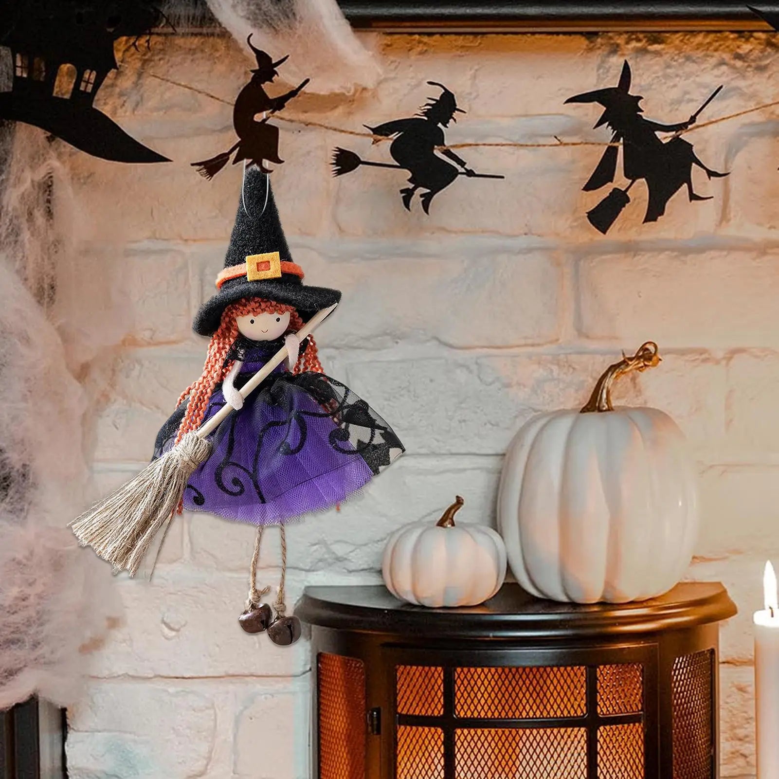 Kitchen Witch Halloween Witch Doll Hangable Decoration with Broom Collectible Figurine Ornament Hangable for Kitchen Haunted