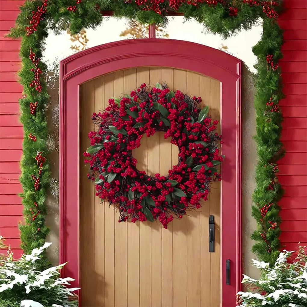 2025 New Christmas Decoration Wreaths for Front Door Handmade Cypress Leaf Red Berry Pine Wreath Xmas Home Wall Window Decor