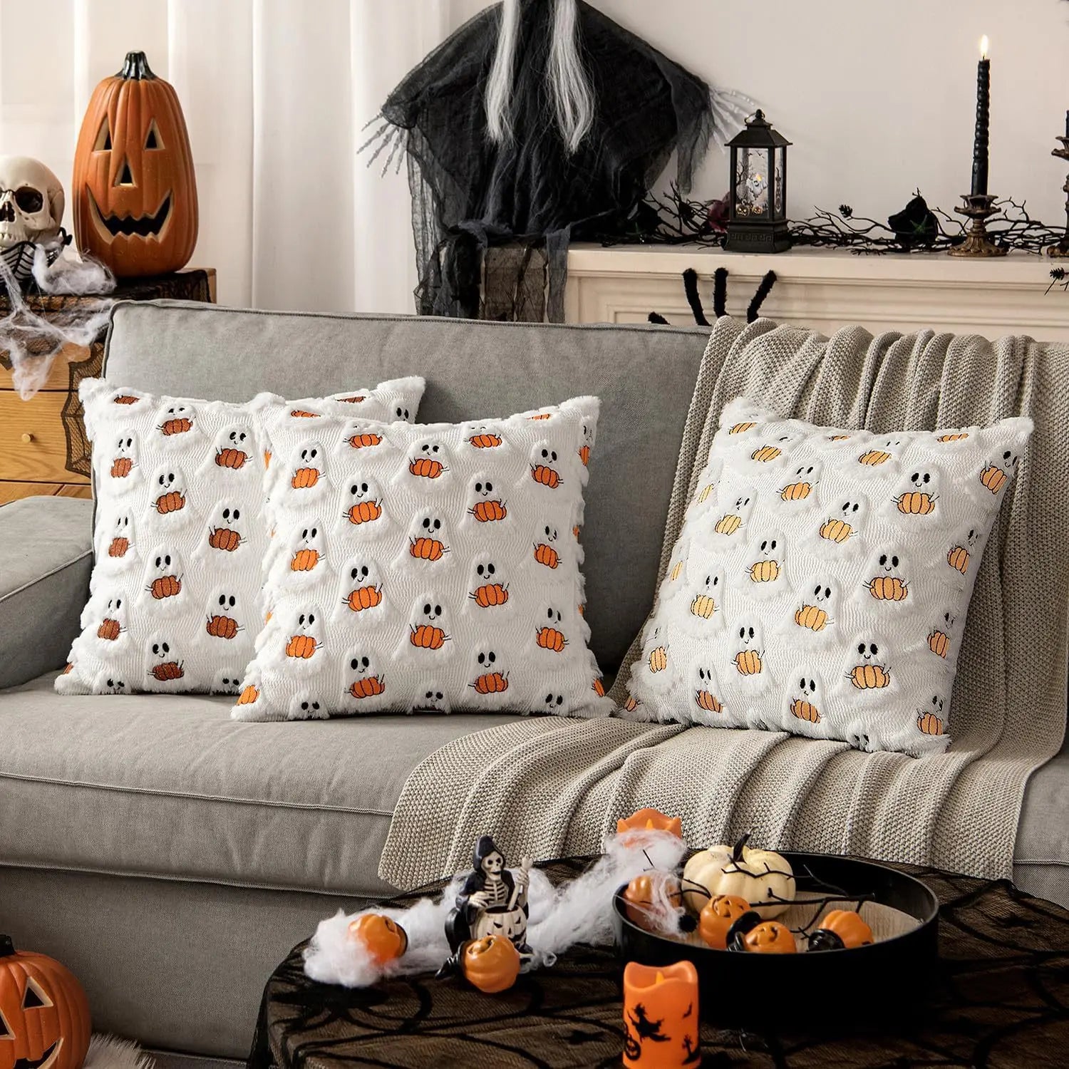 Double Sided 3D Embroidery Halloween Little Devil Holding Pumpkin Pillowcase Plush Cushion Holiday Decor Living Room Sofa Pillow