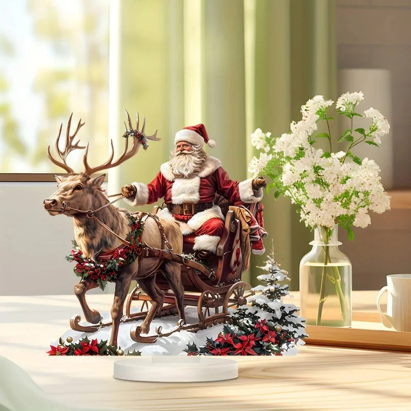 2D Acrylic Santa Claus Sleigh with Reindeer Tabletop Outdoor Decoration for Christmas 2025 Xmas Navidad Party Supplies