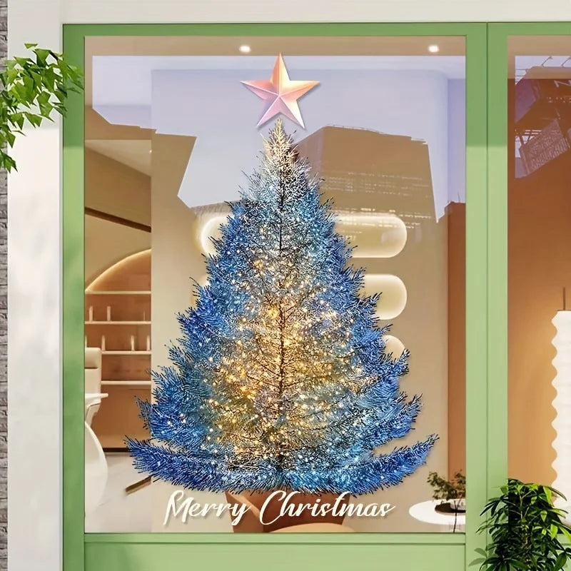 Big Size Christmas Tree Glass Window Stickers Blue Pine Needle Xmas Tree Electrostatic Decals Store Window Display Decoration