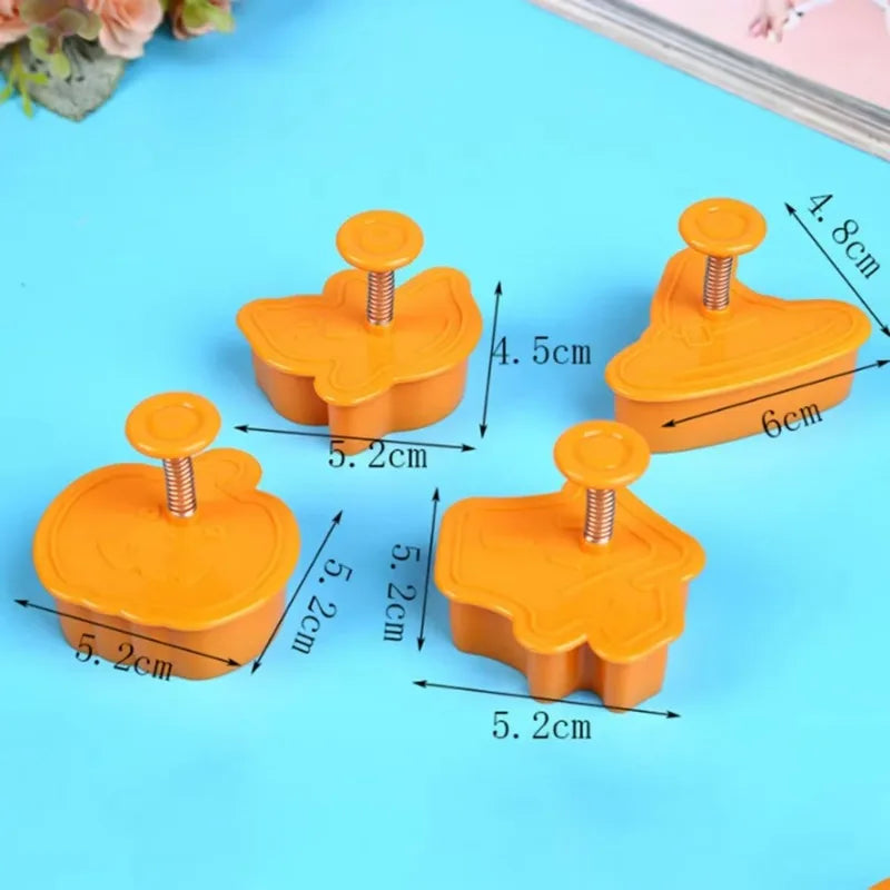 4pcs Halloween Pumpkin Ghost Theme Plastic Cookie Cutter Plunger Fondant Chocolate Mold Cake Decorating Tools