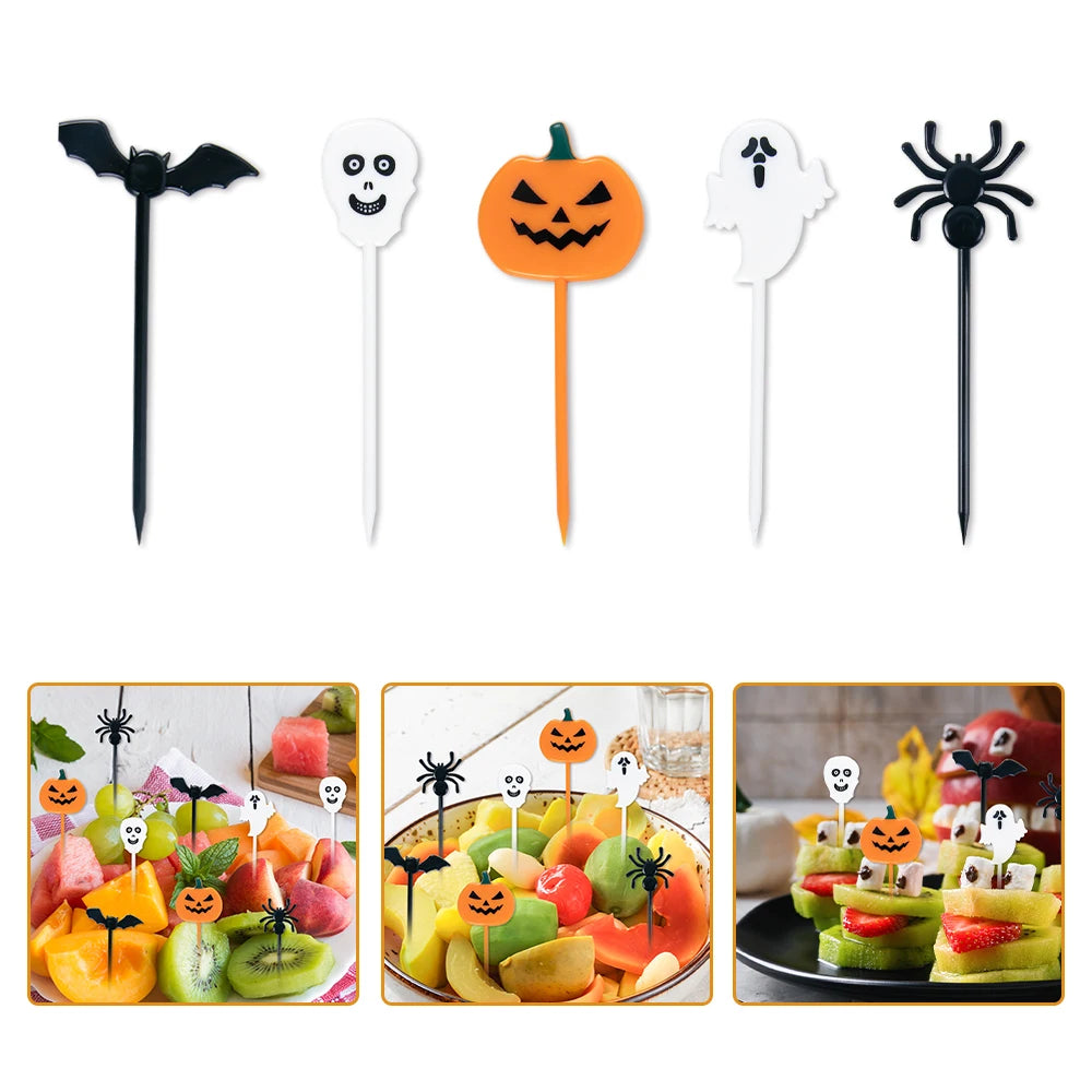 10-30pcs Plastic Halloween Toothpicks Pumpkin Ghost Bat Fruit Fork Dessert Cocktail Cake Decoration Picks Halloween party Supply