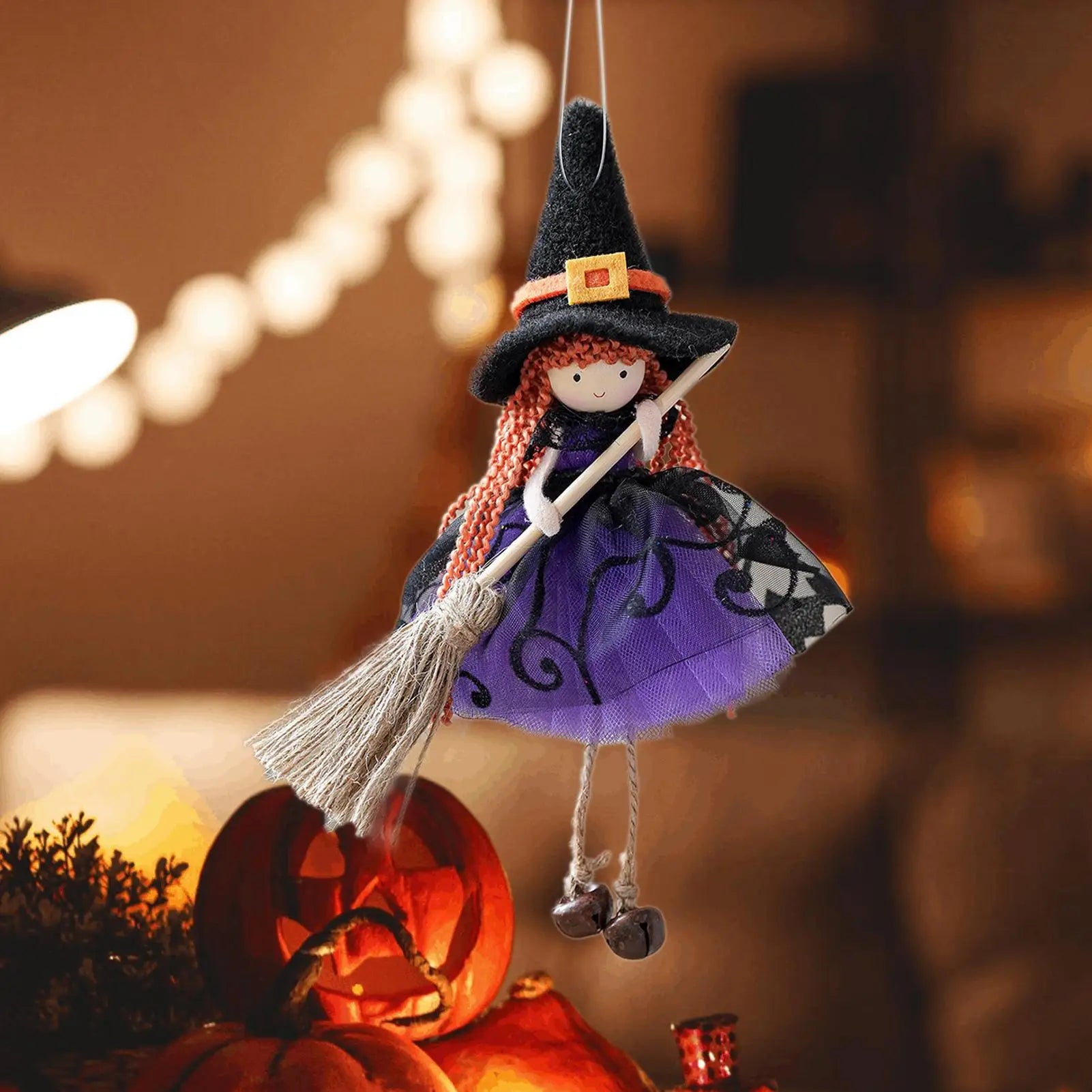 Kitchen Witch Halloween Witch Doll Hangable Decoration with Broom Collectible Figurine Ornament Hangable for Kitchen Haunted