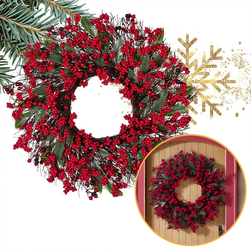 2025 New Christmas Decoration Wreaths for Front Door Handmade Cypress Leaf Red Berry Pine Wreath Xmas Home Wall Window Decor