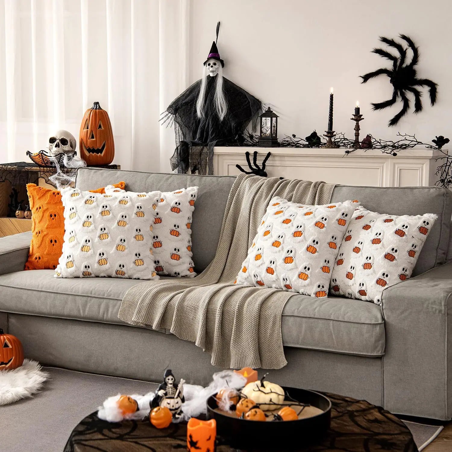 Double Sided 3D Embroidery Halloween Little Devil Holding Pumpkin Pillowcase Plush Cushion Holiday Decor Living Room Sofa Pillow