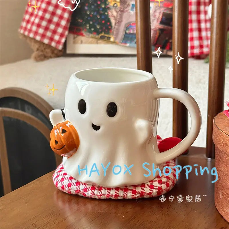 Cute Ghost Water Cup，Creative Pumpkin Ghost Ceramic Mug Afternoon Tea Coffee Cup，Milk Mug Household Drinking Set Halloween Gift