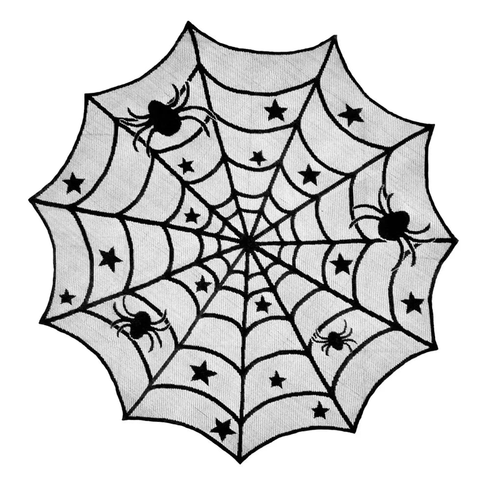 Halloween Spiderweb Tablecloth Black Lace Cobweb Decor with Spiders for Fireplace Mantle Kitchen Party Table Decorations