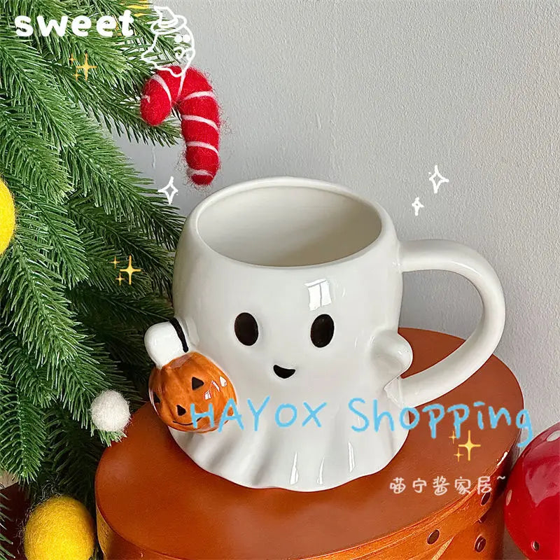 Cute Ghost Water Cup，Creative Pumpkin Ghost Ceramic Mug Afternoon Tea Coffee Cup，Milk Mug Household Drinking Set Halloween Gift