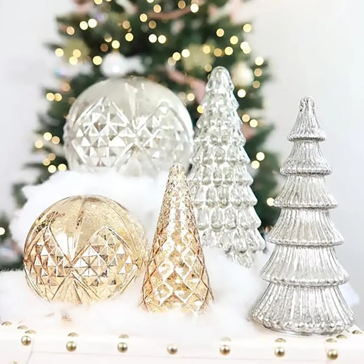 Set of 5 3D Printing Illuminated Trees, Upgrade Christmas Trees LED, Gold Tree Figurine for Home Party Mantel Decor Xmas Gift