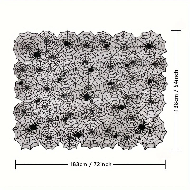 Halloween Spiderweb Tablecloth Black Lace Cobweb Decor with Spiders for Fireplace Mantle Kitchen Party Table Decorations