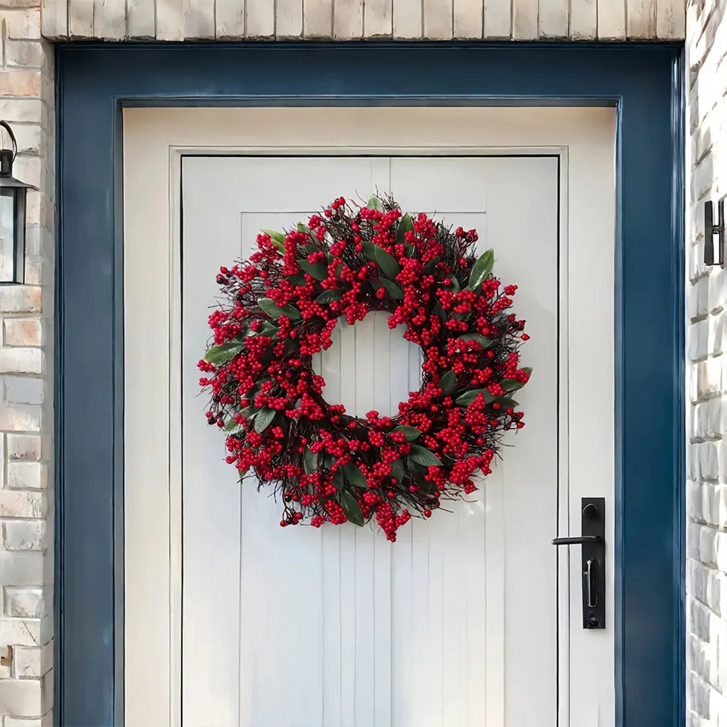 2025 New Christmas Decoration Wreaths for Front Door Handmade Cypress Leaf Red Berry Pine Wreath Xmas Home Wall Window Decor