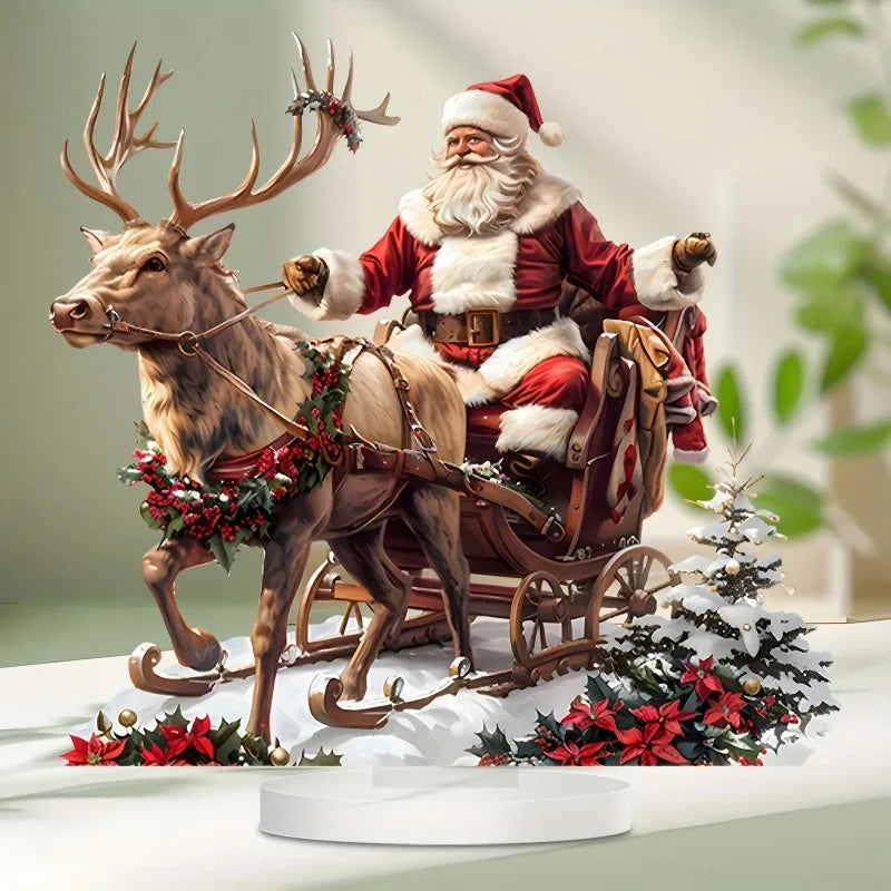 2D Acrylic Santa Claus Sleigh with Reindeer Tabletop Outdoor Decoration for Christmas 2025 Xmas Navidad Party Supplies