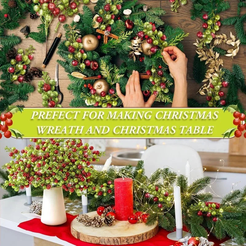 10Pcs Christmas Sparkling Berry Stem 8in Red Green Artificial Holly Berry Xmas Tree Hanging Decoration for Navidad Wreath Craft