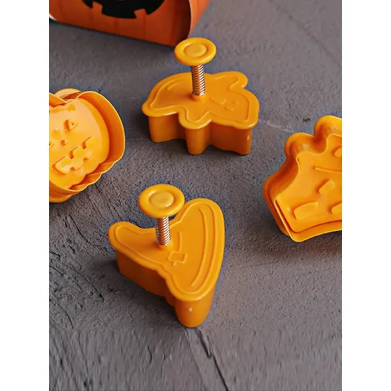 4pcs Halloween Pumpkin Ghost Theme Plastic Cookie Cutter Plunger Fondant Chocolate Mold Cake Decorating Tools